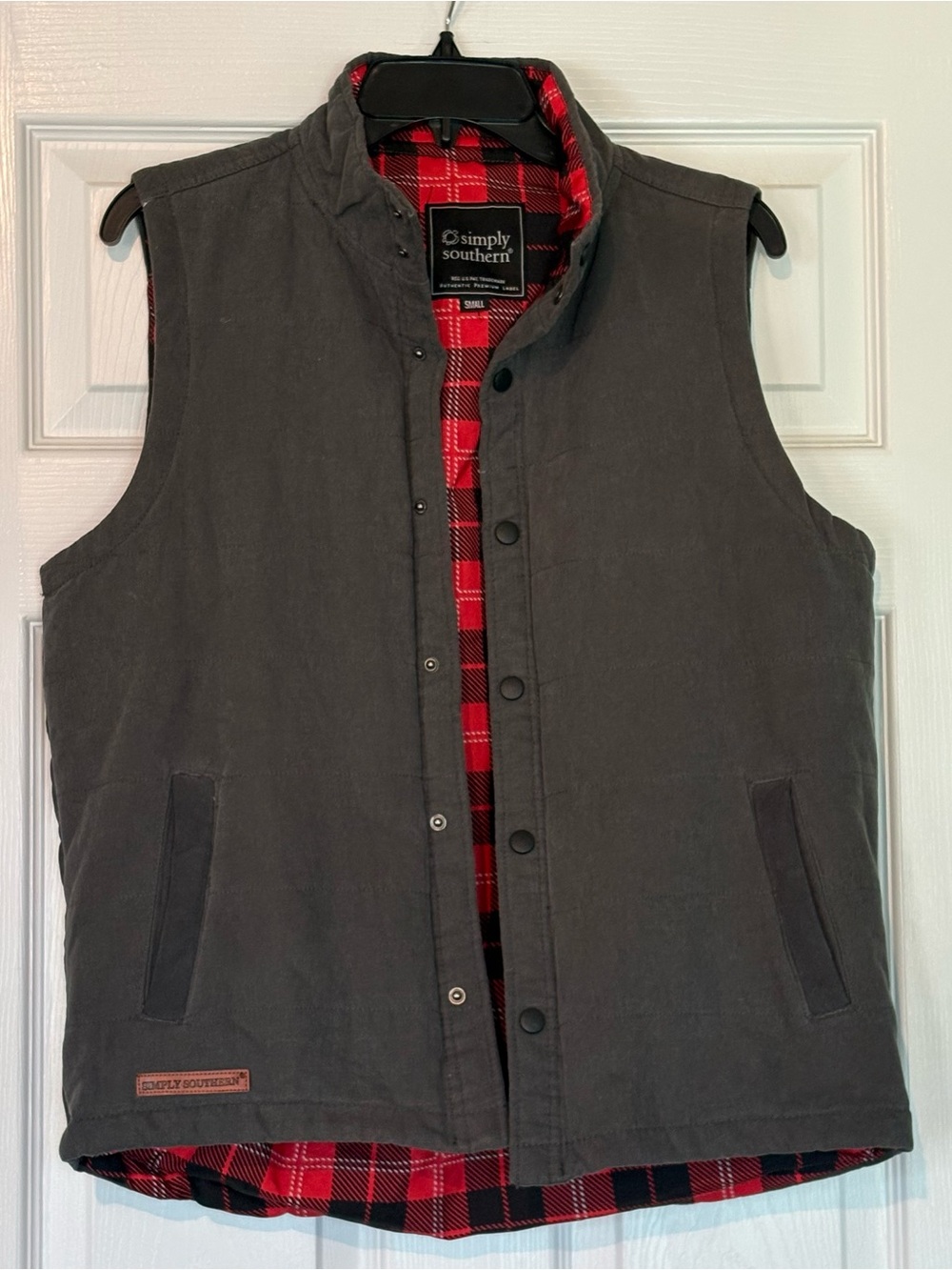 Simply Southern Women’s Charcoal Gray Vest with Red Plaid Lining